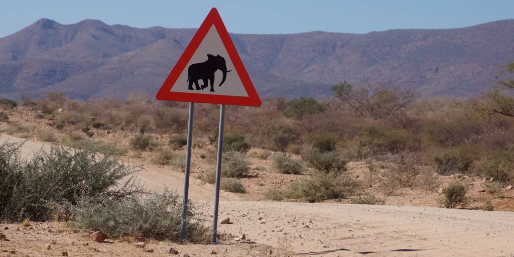 Waarschuwing_olifanten_langs_weg Verkeer Namibië